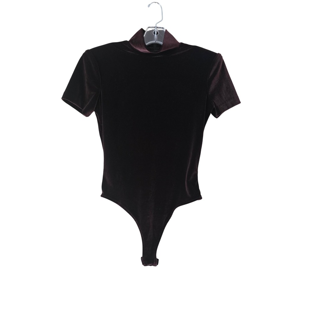 CACHE Velvet Mock Neck Bodysuit Short Sleeve Brown Thong Back Snap Closure Sz M